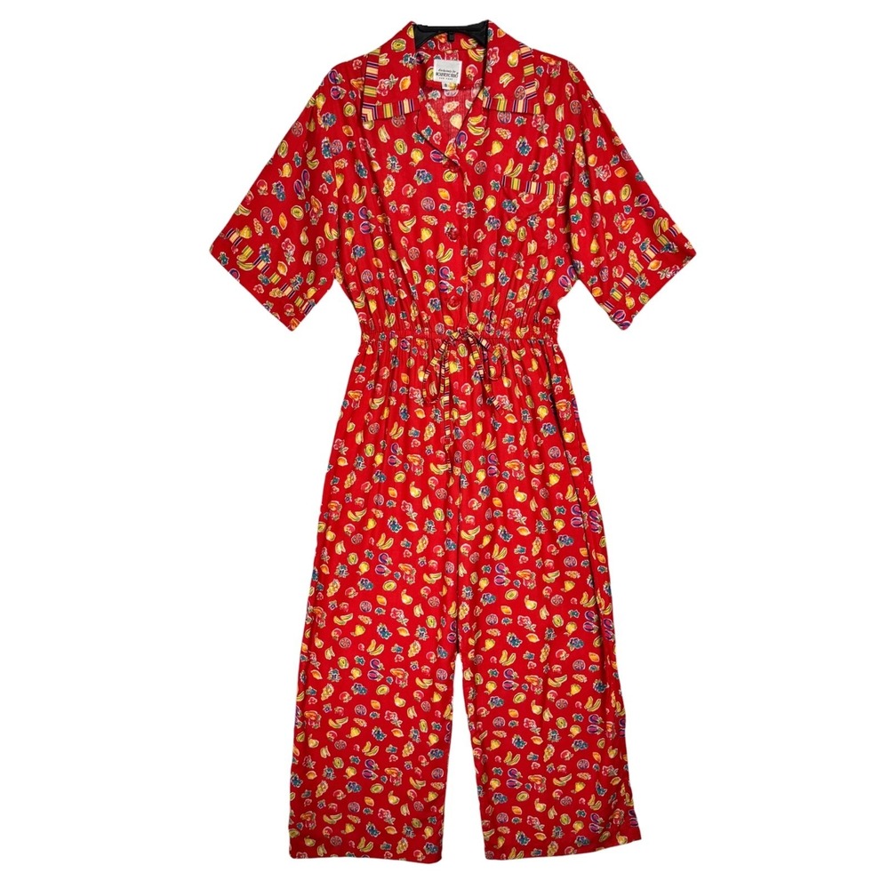 NEW Vintage Boho Fruit Print Collared Wide Leg‎ Jumpsuit Size 8 Cottage Tropical